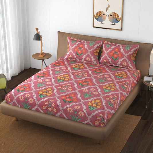 Pink Geometric Floral Elastic Bedsheet